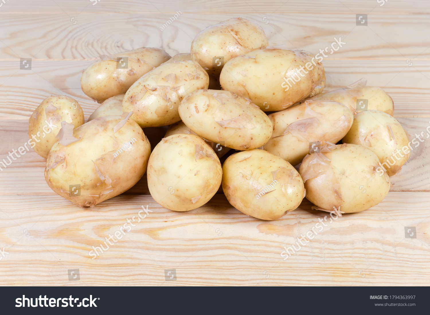 Pile of the raw washed yellow young potatoes with unpeeled thin skin on the rustic table #1794363997