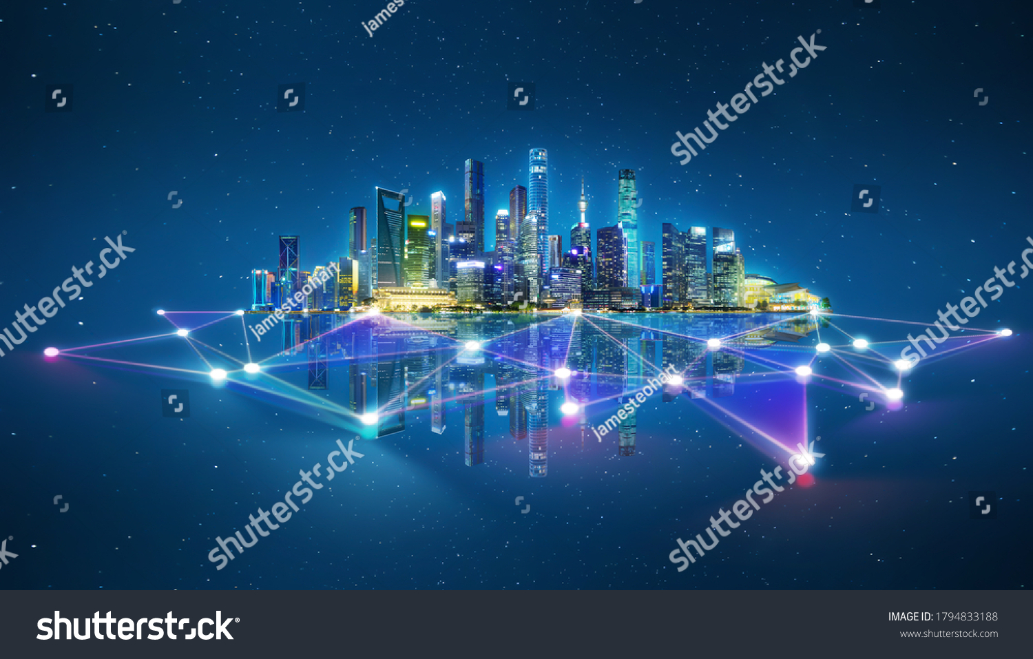 Abstract futuristic night city with dots and line connection. Concept for IOT, smart city, speed connection and intelligent network. #1794833188