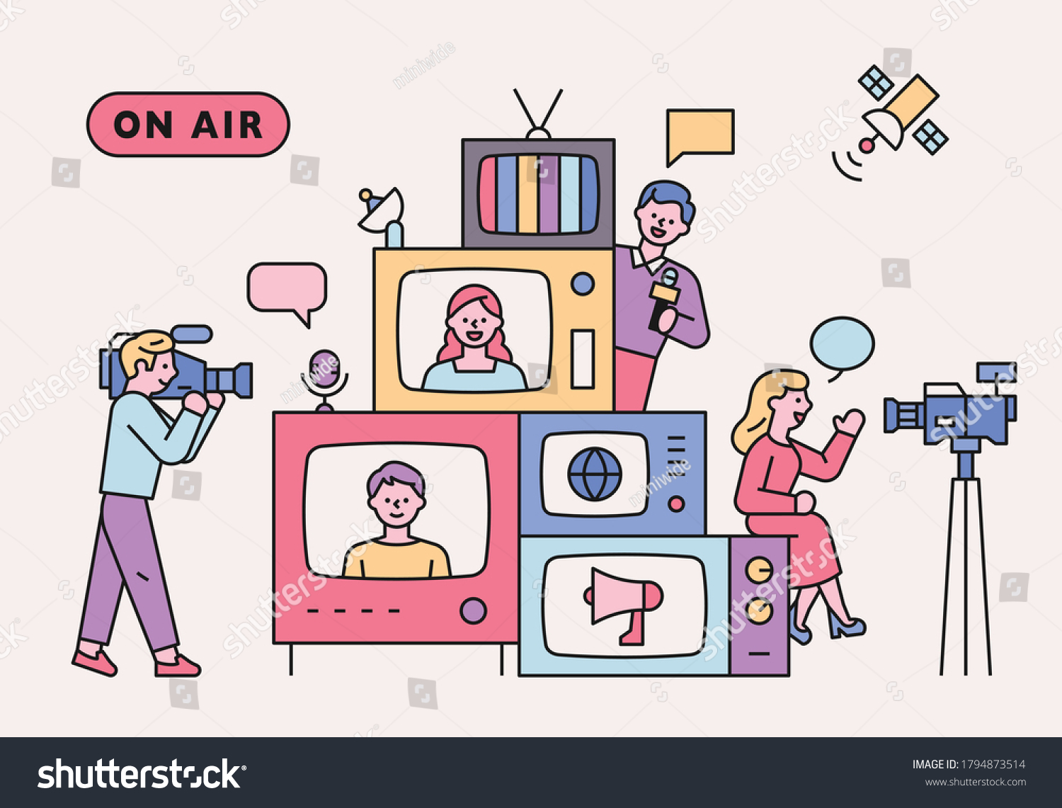 Retro televisions are piled up. There are people around you who report news. flat design style minimal vector illustration. #1794873514