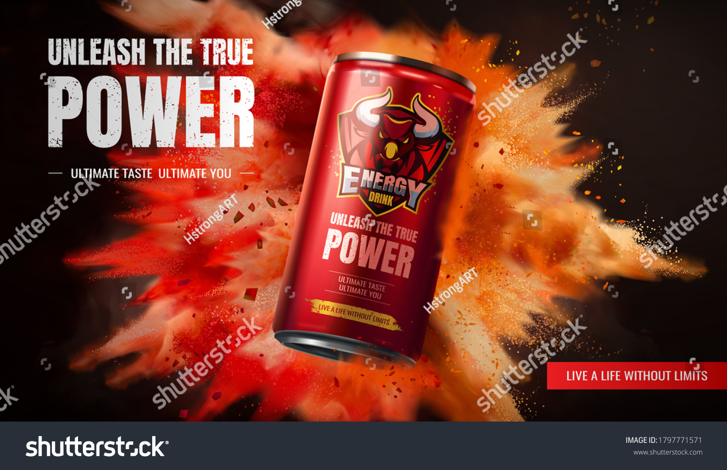 Energy drink ad design on exploding powder effect background in 3d illustration #1797771571