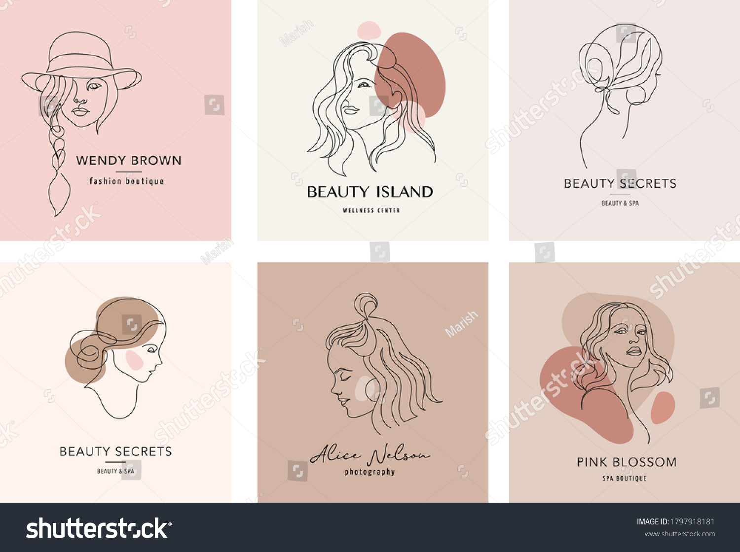 Vector logo and branding design templates in minimal style, for beauty center, fashion studio, haircut salon and cosmetics - female portrait, beautiful woman's face  #1797918181