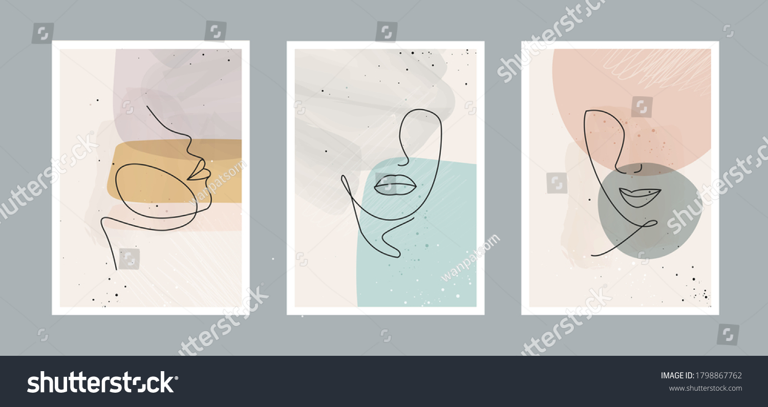 Modern abstract line minimalistic  women faces  and arts background with different shapes for wall decoration, postcard or brochure cover design. Vector  illustrations design. #1798867762