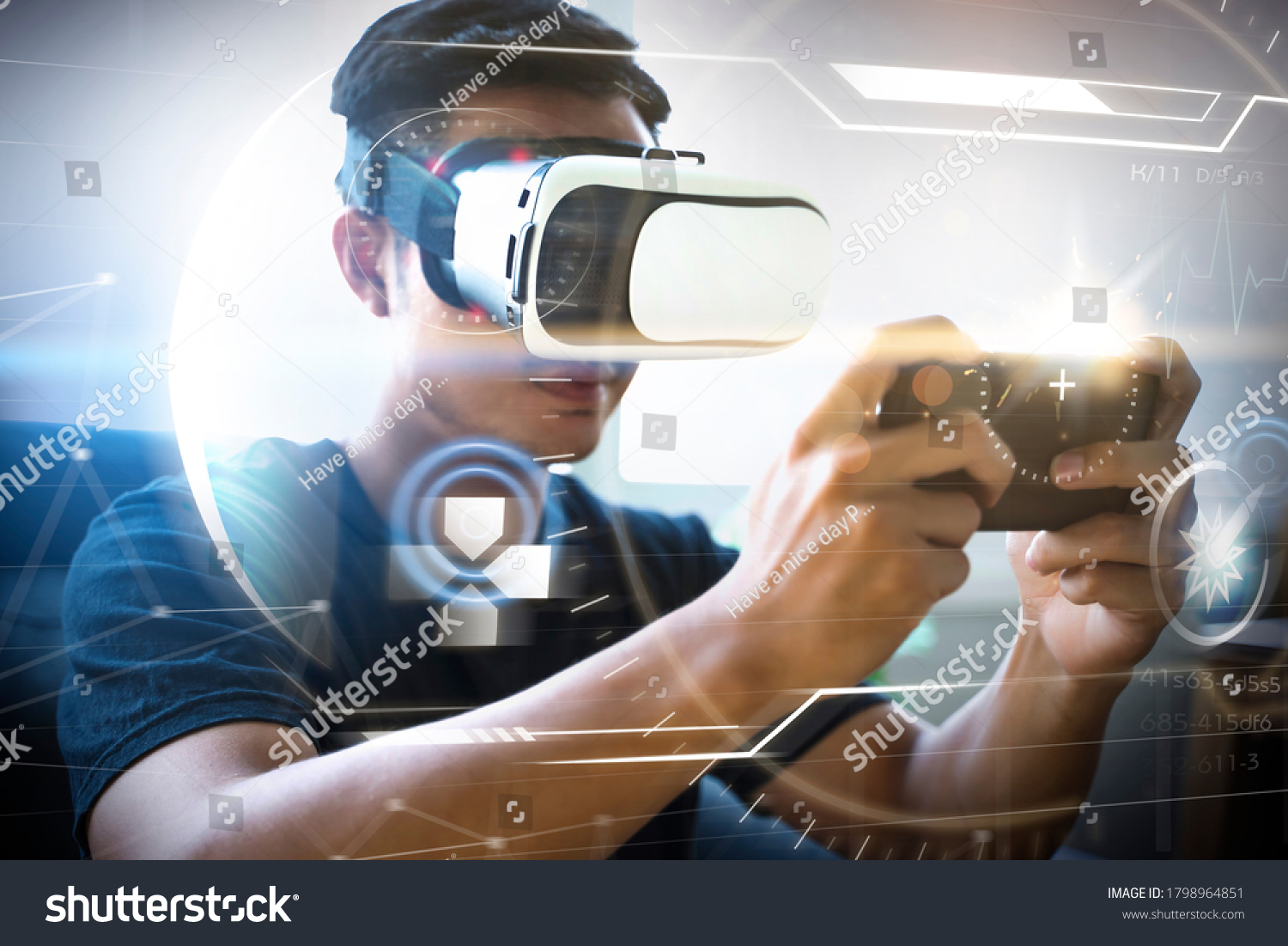 Futuristic virtual reality VR headset technology playing video games using mobile phone device shooting user interface, Asian man sitting on sofa free time enjoinment having fun at home living room #1798964851