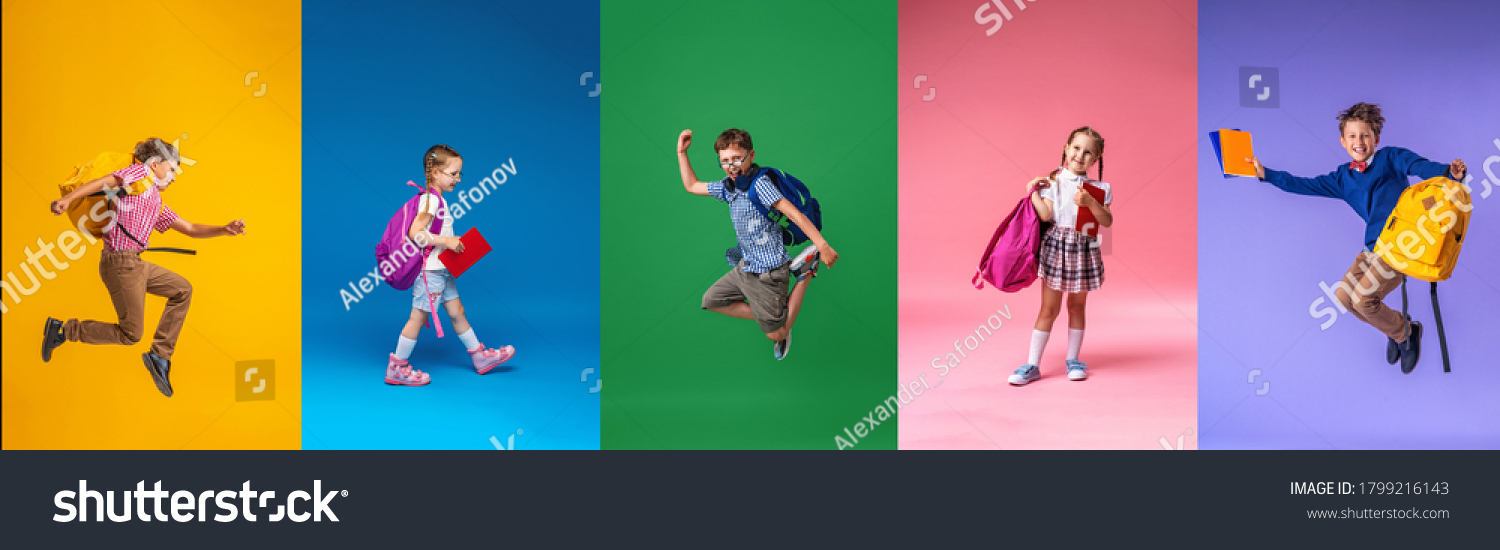 Back to school! Collage of 5 school children on a colorful paper wall background. Children with backpacks. Children are Happy and ready to learn. Dynamic images. positive cheerful and active jumps. #1799216143