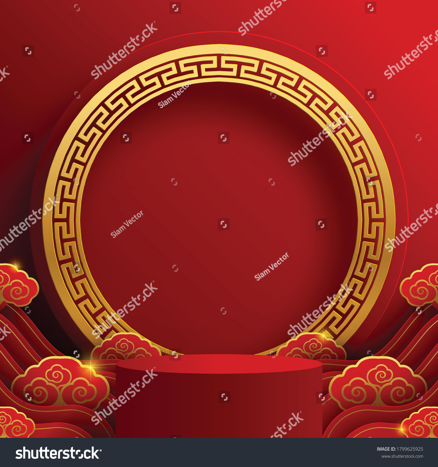 Podium round stage podium and paper art Chinese new year,Chinese Festivals, Mid Autumn Festival , red paper cut ,flower and asian elements with craft style on background. #1799625925
