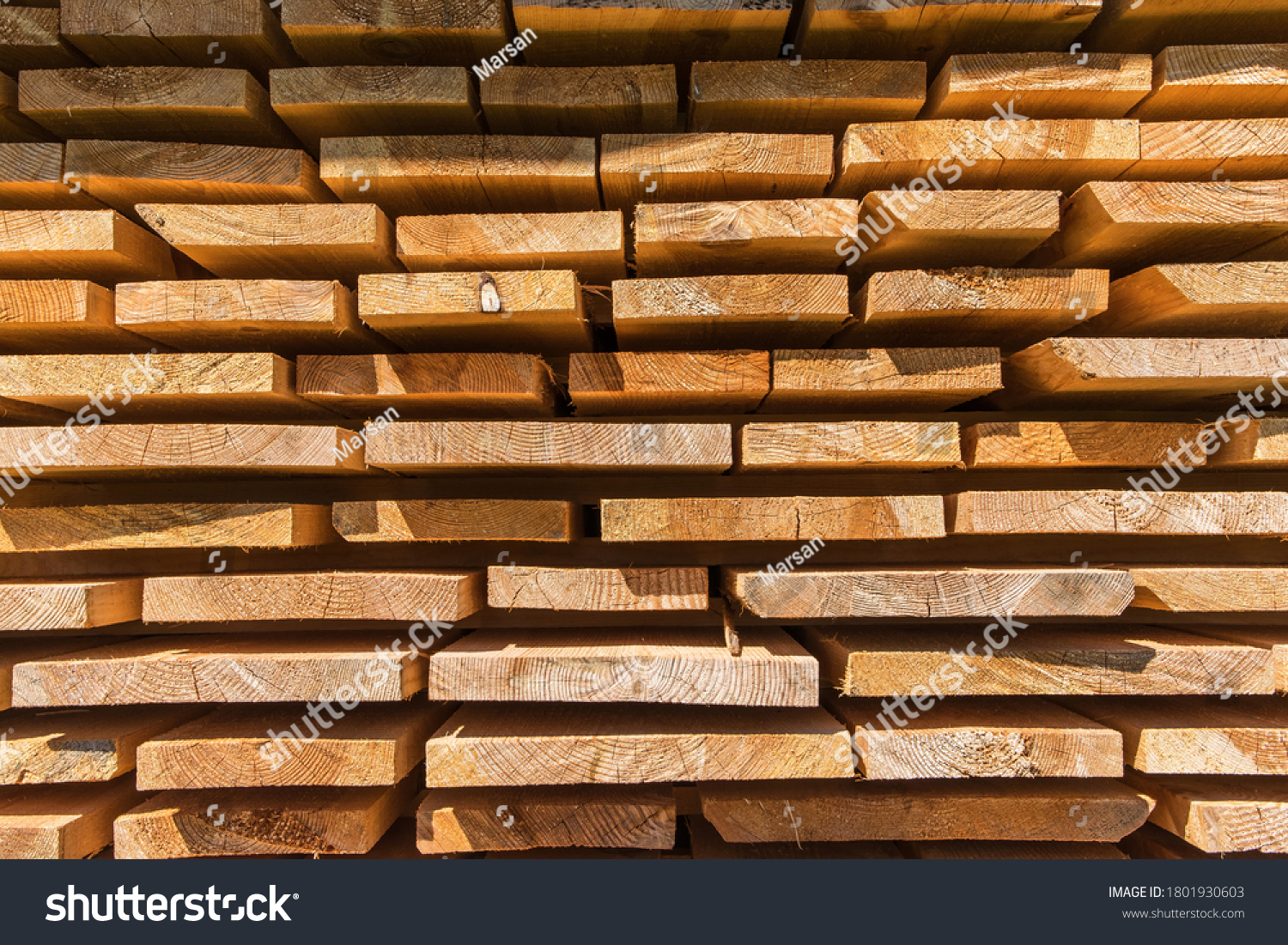 Detail wooden planks. Air-drying timber stack. Wood air drying (seasoning lumber or wood seasoning). Timber. Lumber. #1801930603