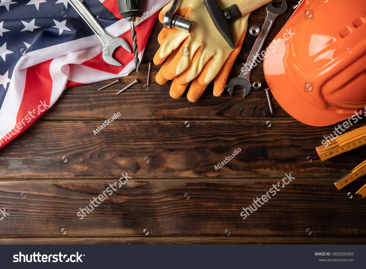 Construction tools on table, space for text #1802595409