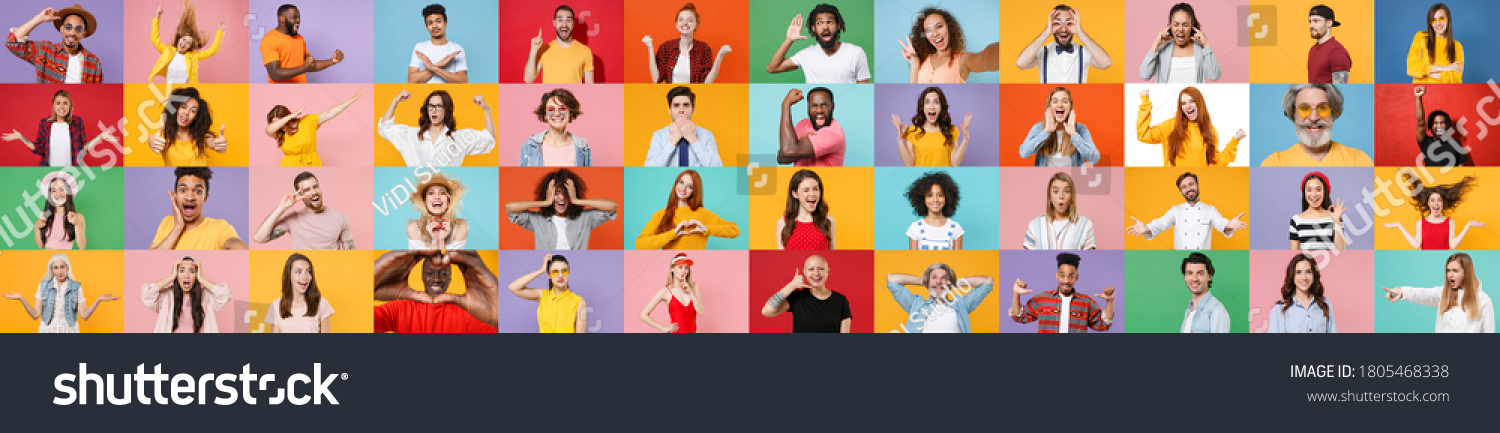 Photo set collage of faces of multiethnic diverse emotional people, men and women group different ages wearing casual clothes isolated on colorful background studio portraits. Human facial expression #1805468338