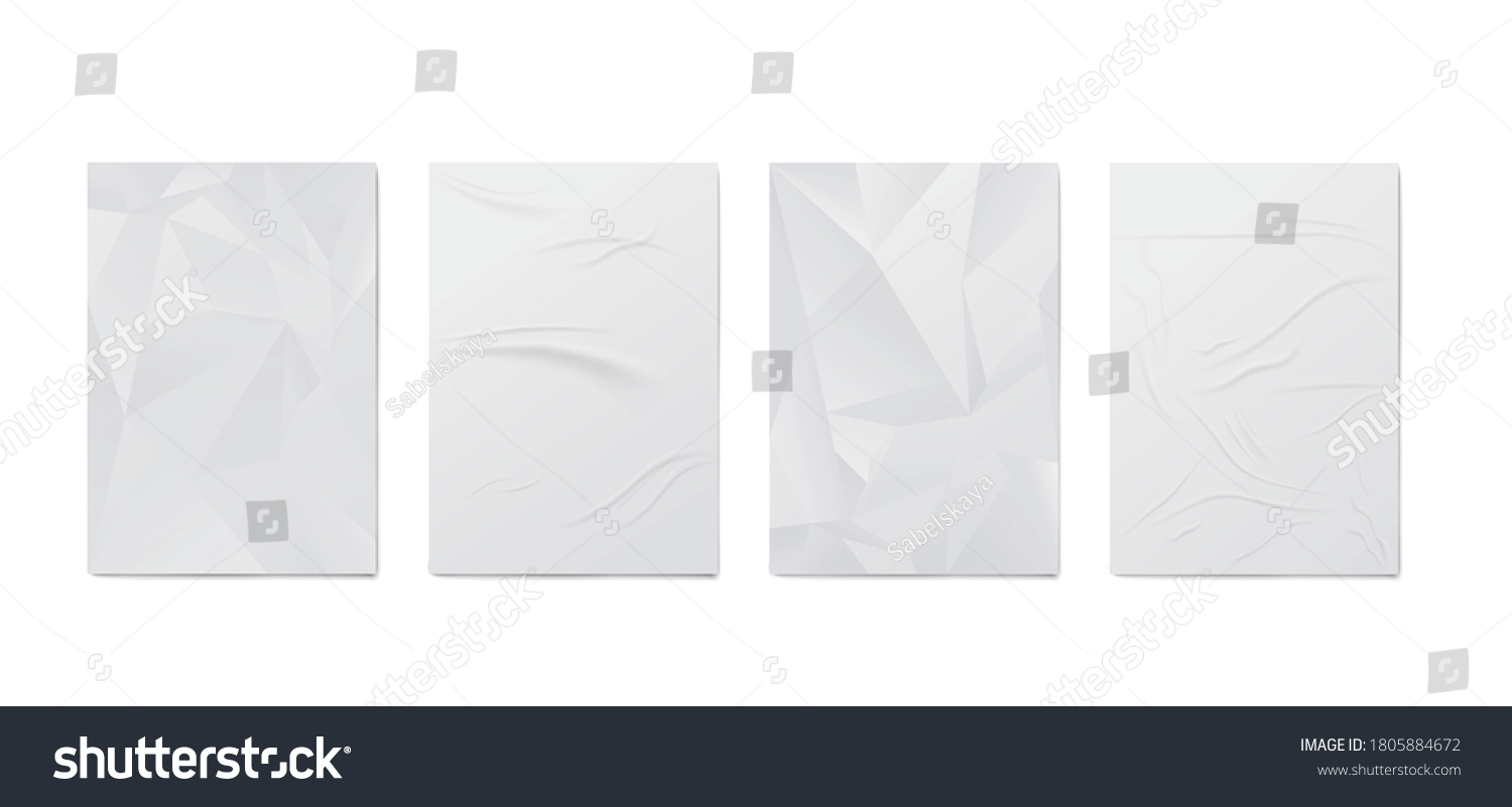 Set of white wrinkled and creased paper sheets or posters, realistic vector illustration isolated on white background. Mock up of blank crumpled posters glued to wall. #1805884672