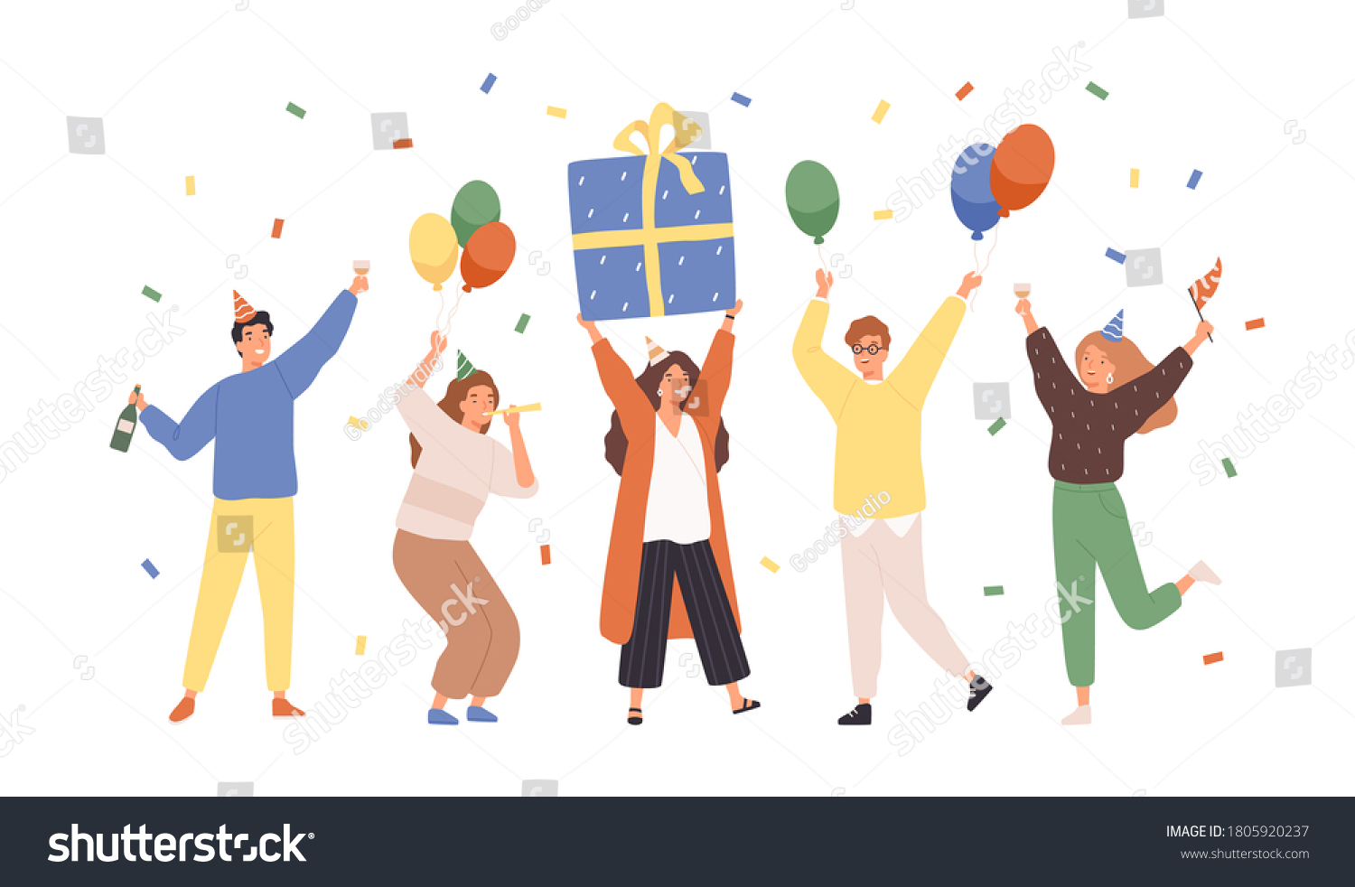 Group of happy people raising hands celebrating holiday with colorful confetti vector flat illustration. Woman hold gift box having fun with friends isolated. Person with balloons and champagne #1805920237