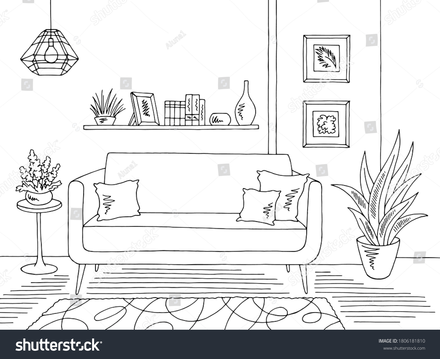Living room graphic black white home interior sketch illustration vector #1806181810