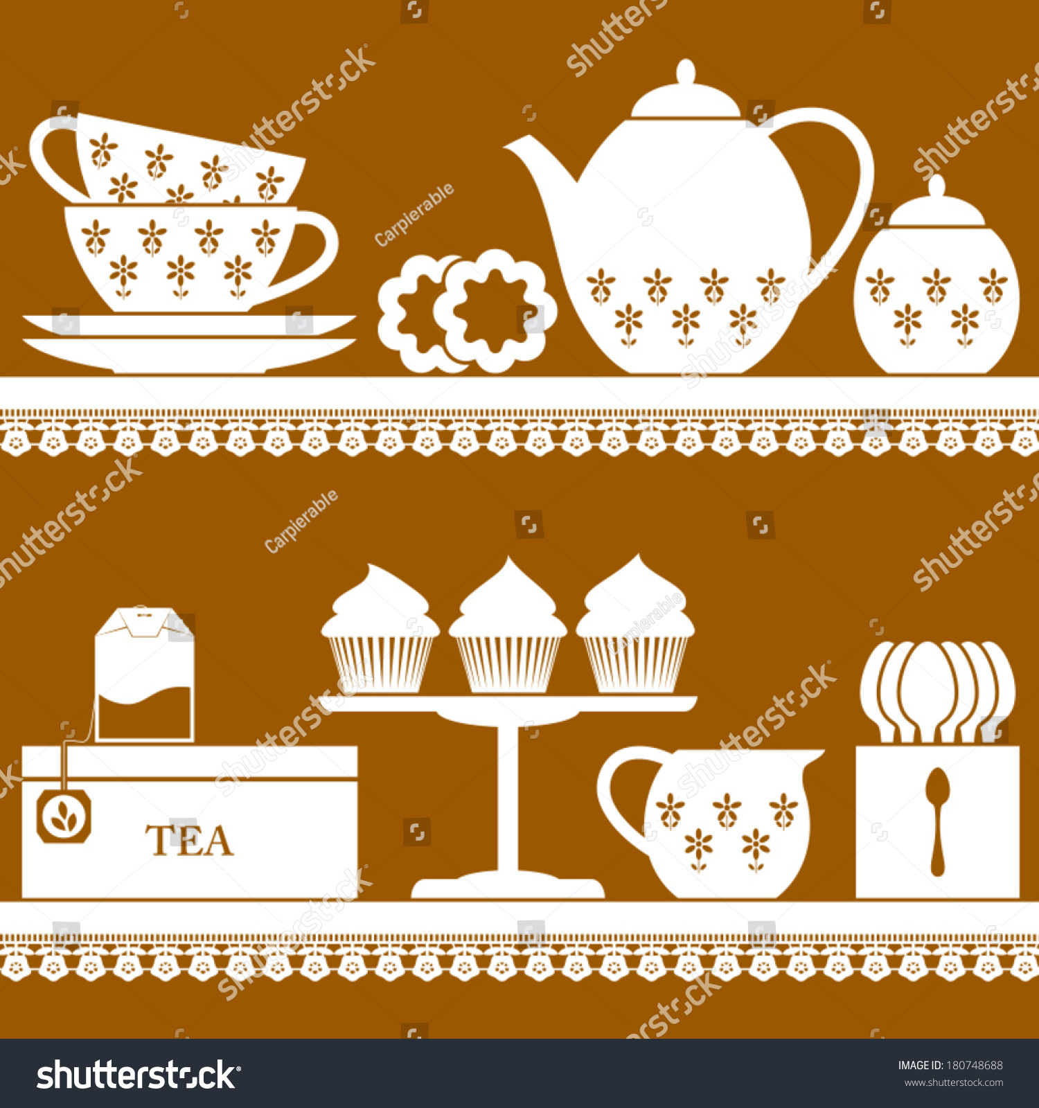 Plain coloured tea set with tea bag, cupcake and cookies #180748688