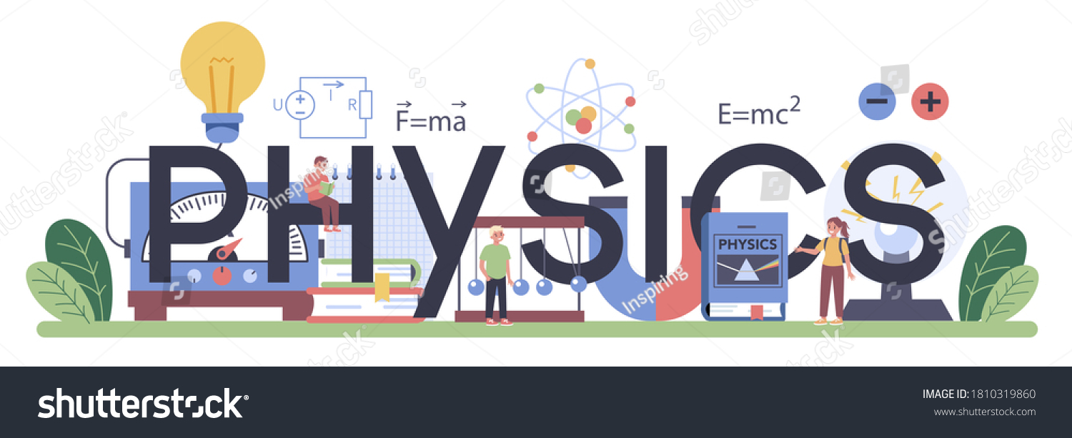 Physics school subject typographic header. Scientist explore electricity, magnetism, light wave and forces. Theoretical and practical study. Physics lesson and experiment. Isolated vector illustration #1810319860