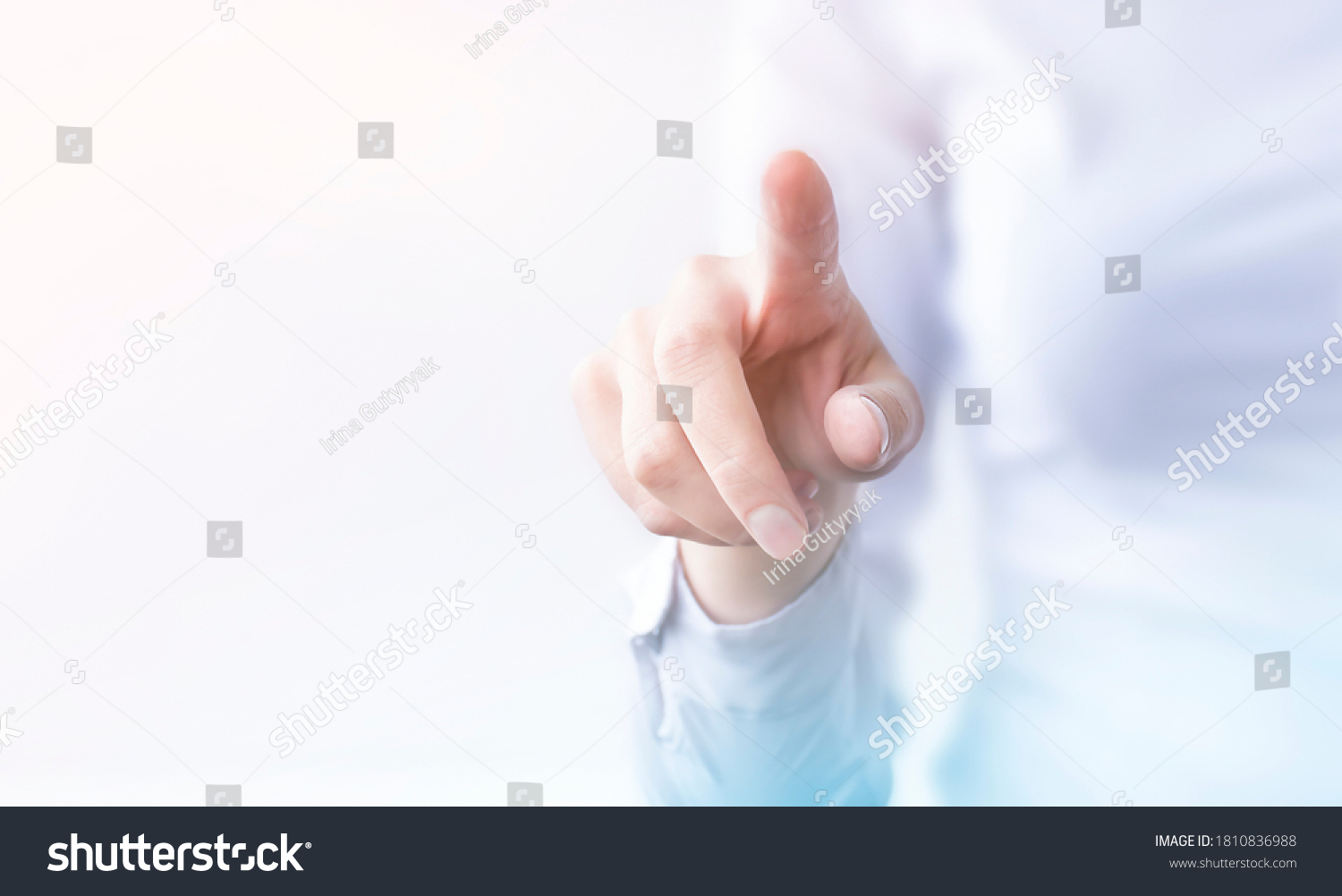 businesswoman presses on transparent touch screen. new technology #1810836988