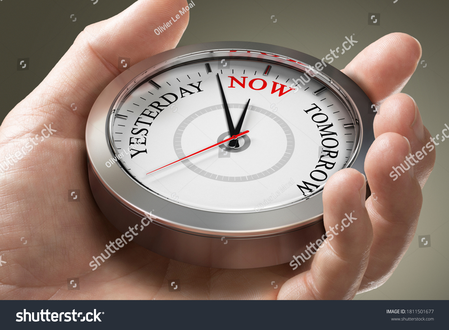 Man hand holding a conceptual clock with the words yesterday, now and tomorrow. Concept of time management or living in the present moment. Composite image between a photography and a 3D background. #1811501677