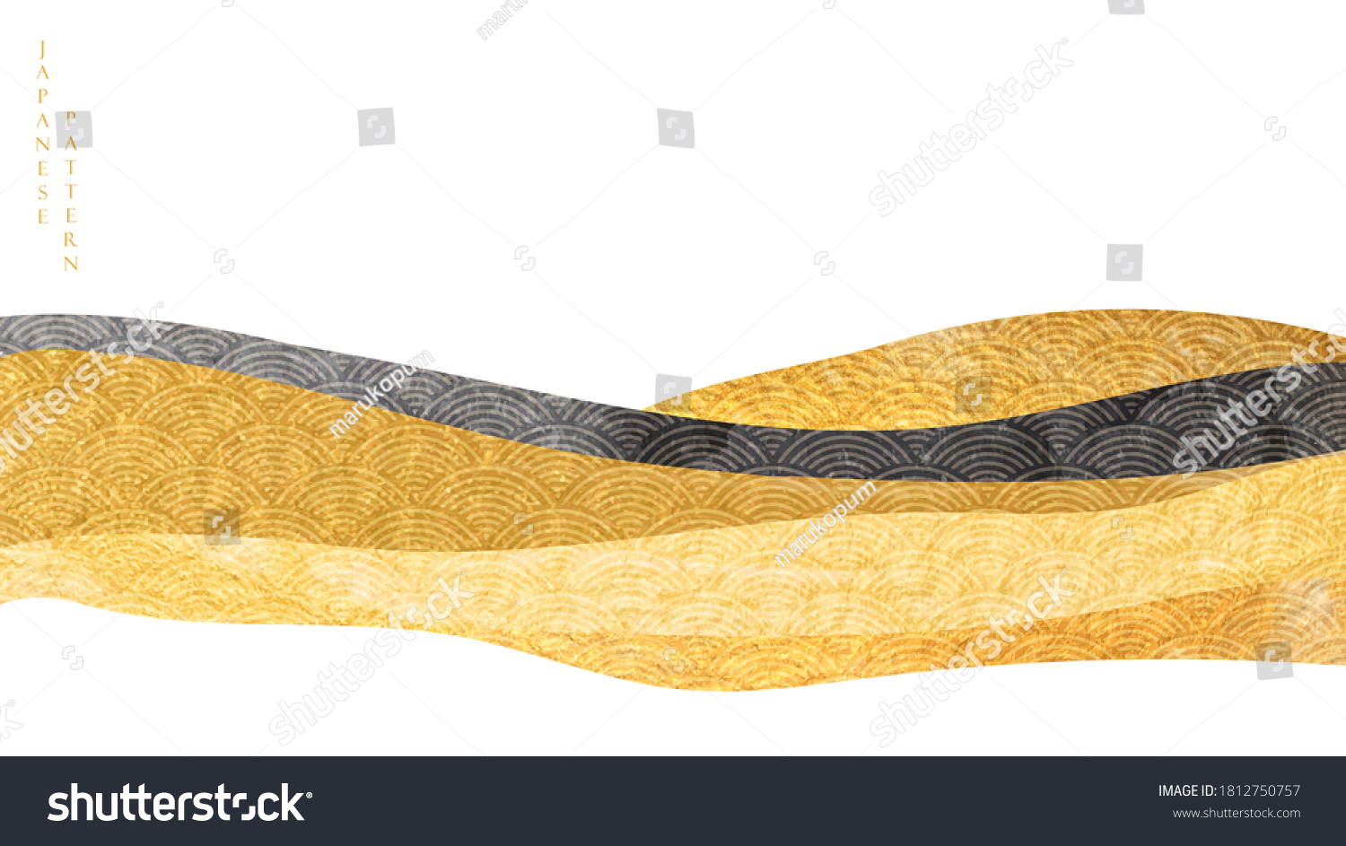 Art landscape background with gold texture vector. Japanese wave pattern with mountain banner in oriental style. #1812750757