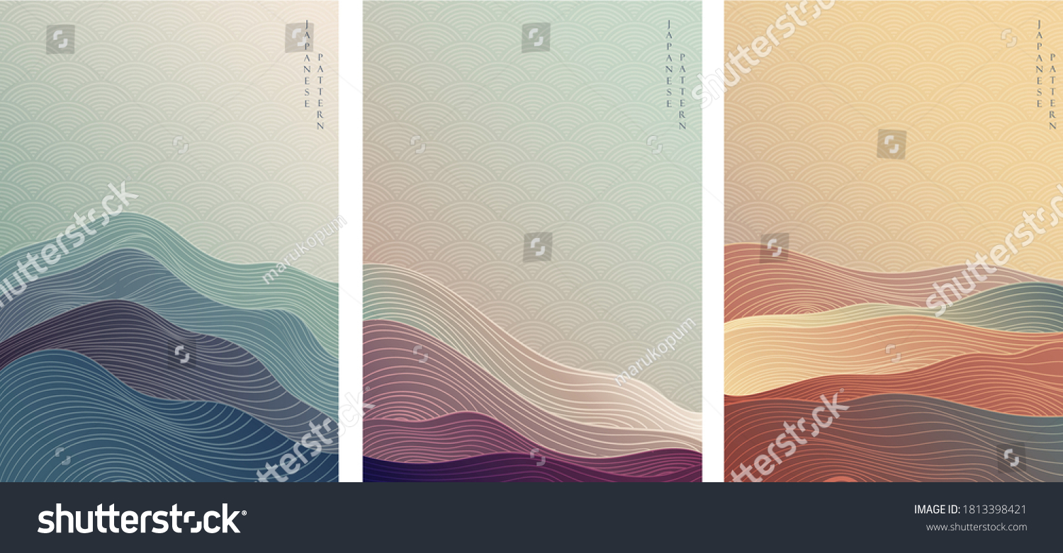 Japanese background with line wave pattern vector. Abstract template with geometric pattern. Mountain layout design in oriental style.  #1813398421