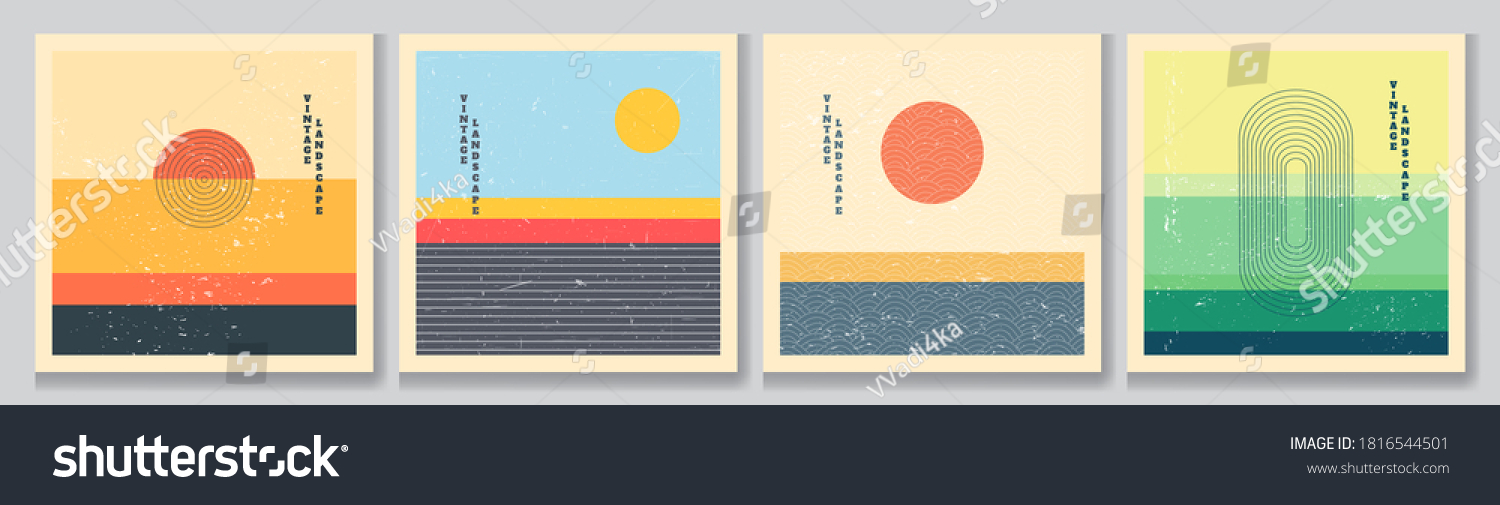Vector illustration. Bauhaus. Mid century modern graphic. 70s retro funky graphic. Grunge texture. Minimalist landscape set. Abstract shapes. Design elements for social media, blog post, banner, card #1816544501