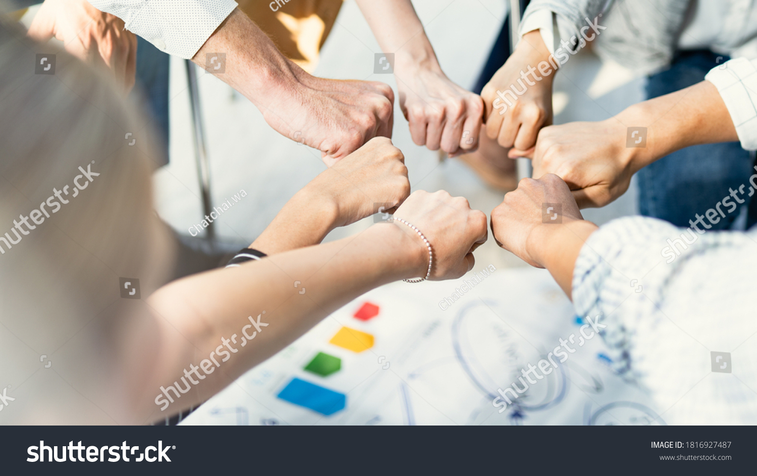 Hand for work together concept, Hand stack for business and service, Volunteer or teamwork togetherness, Concept connection of community and charity. Group of happy people or team participation. #1816927487