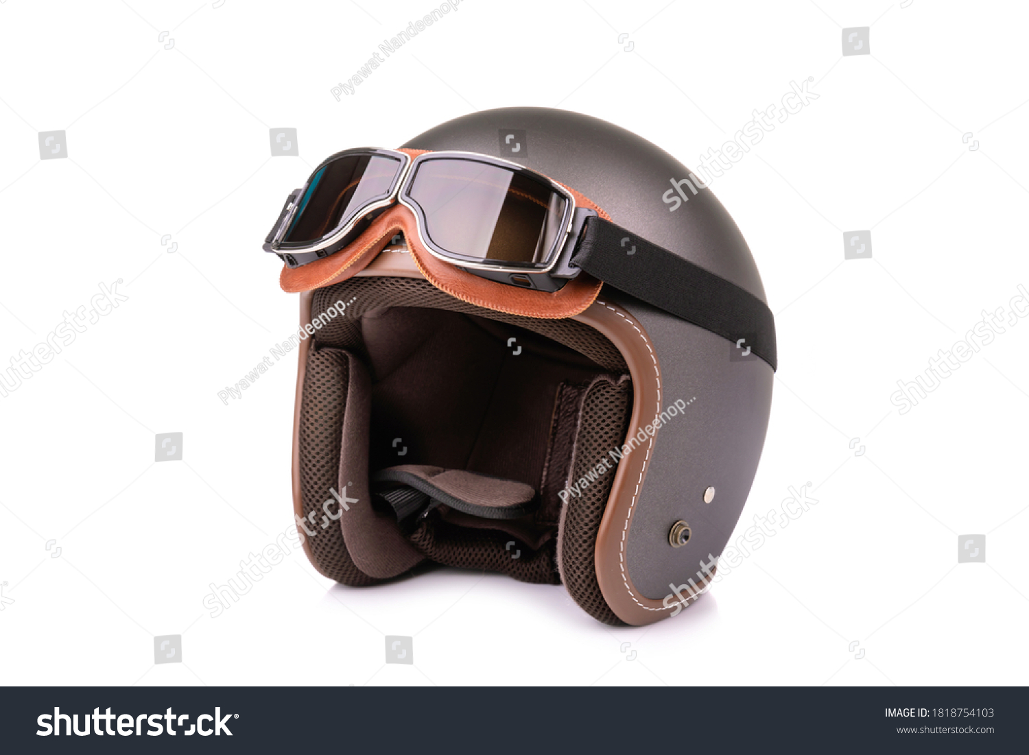 Close up new grey vintage helmet and wind goggle. Studio shot isolated on white background #1818754103