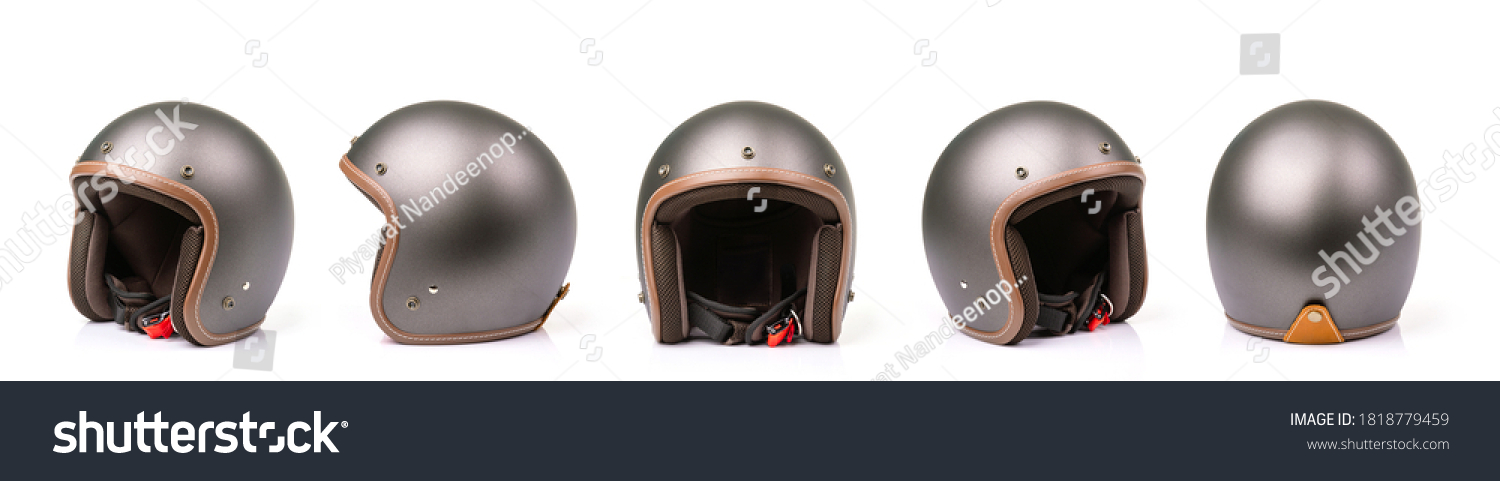 Close up set of new grey vintage helmet. Studio shot isolated on white background #1818779459
