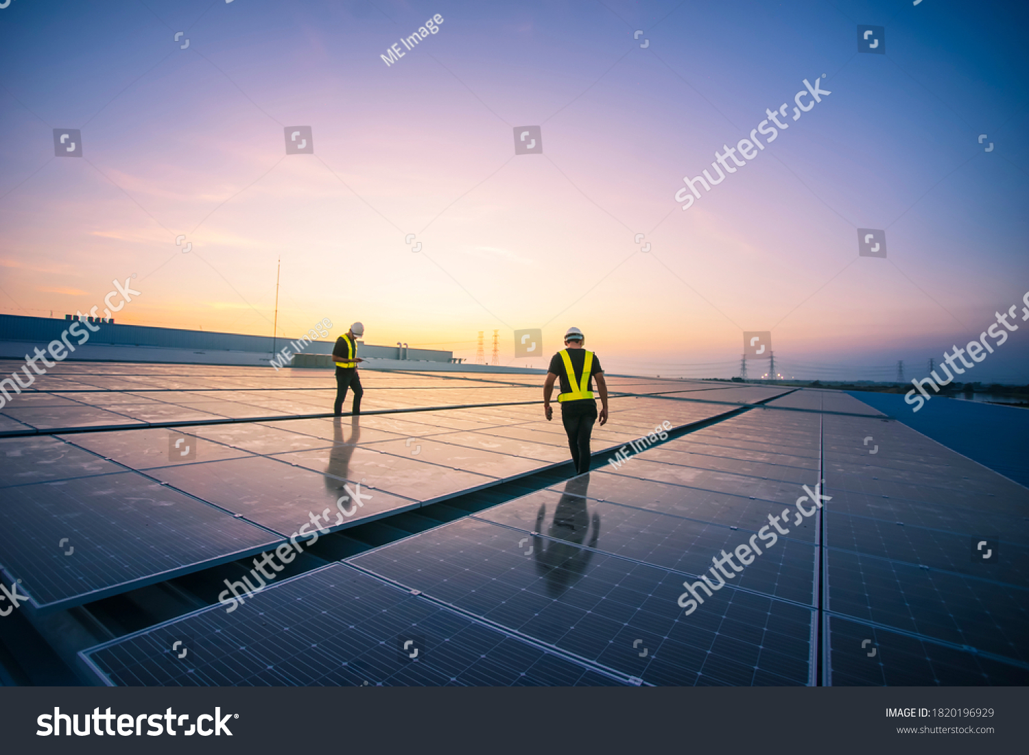 Technology solar cell, Engineer service check installation solar cell on the roof of factory on the morning. Silhouette technician inspection and repair solar cell on the roof of factory. #1820196929