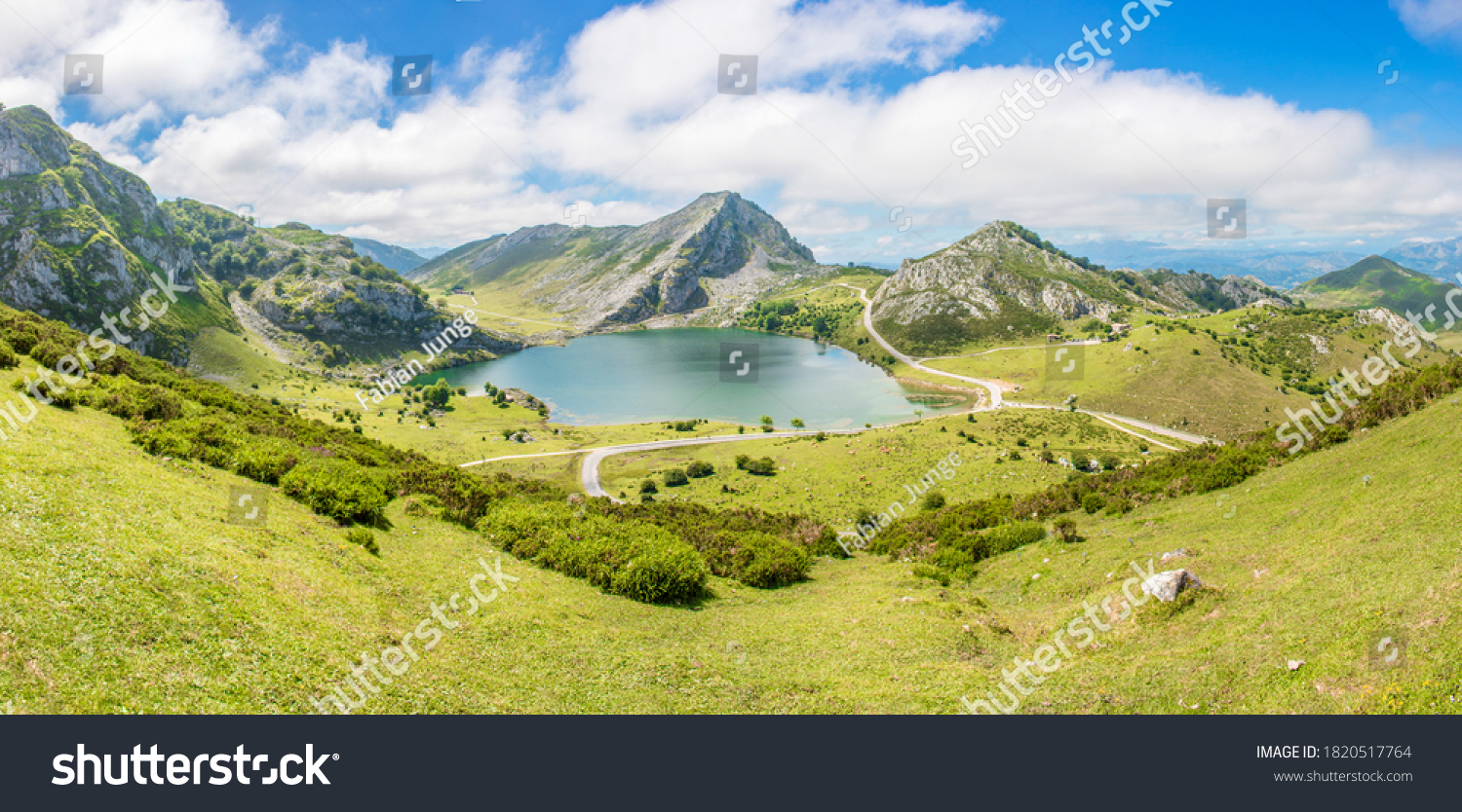 Landscape in the mountains of the National Park with the name Picos de Europa (in Spanish Parque Nacional de los Picos de Europa or Picos d’Europa) mountain lake called Lago de la Ercina Northern Spai #1820517764