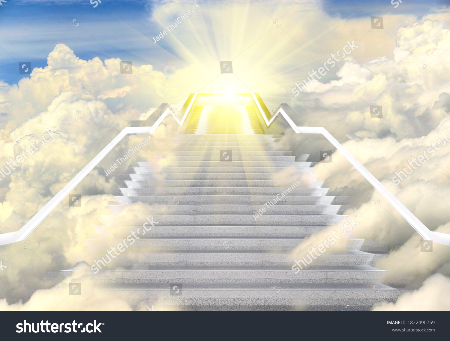 Long Staircase high way to heaven, Empty Stair steps along Cloud in Sky to Light of Hope or Sun. Concept Bright Future in Life. Stairs way lead up to heaven sky toward light, copy space #1822490759