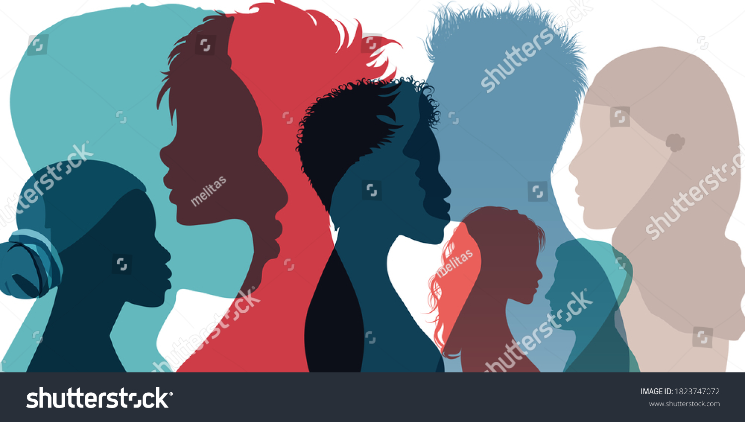 Racial equality and anti-racism. Silhouette profile group of men women and girl of diverse culture. Diversity multi-ethnic and multiracial people. Multicultural society. Friendship #1823747072