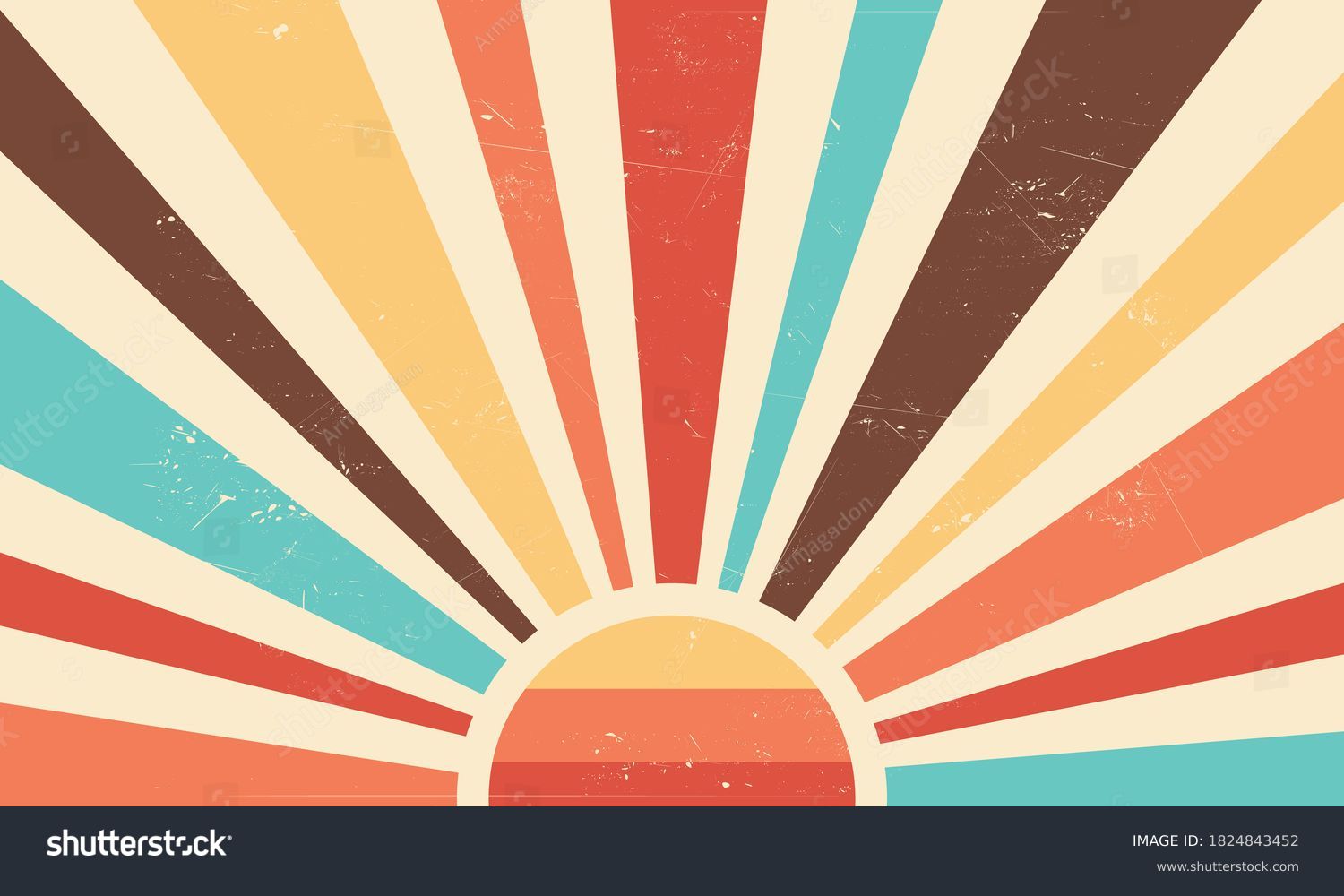 Vintage sun retro banner background. Colourful grunge sunburst. Vector illustration. #1824843452