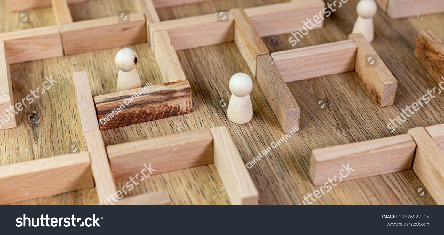 loneliness concept, wooden maze template with lonely people #1826922215