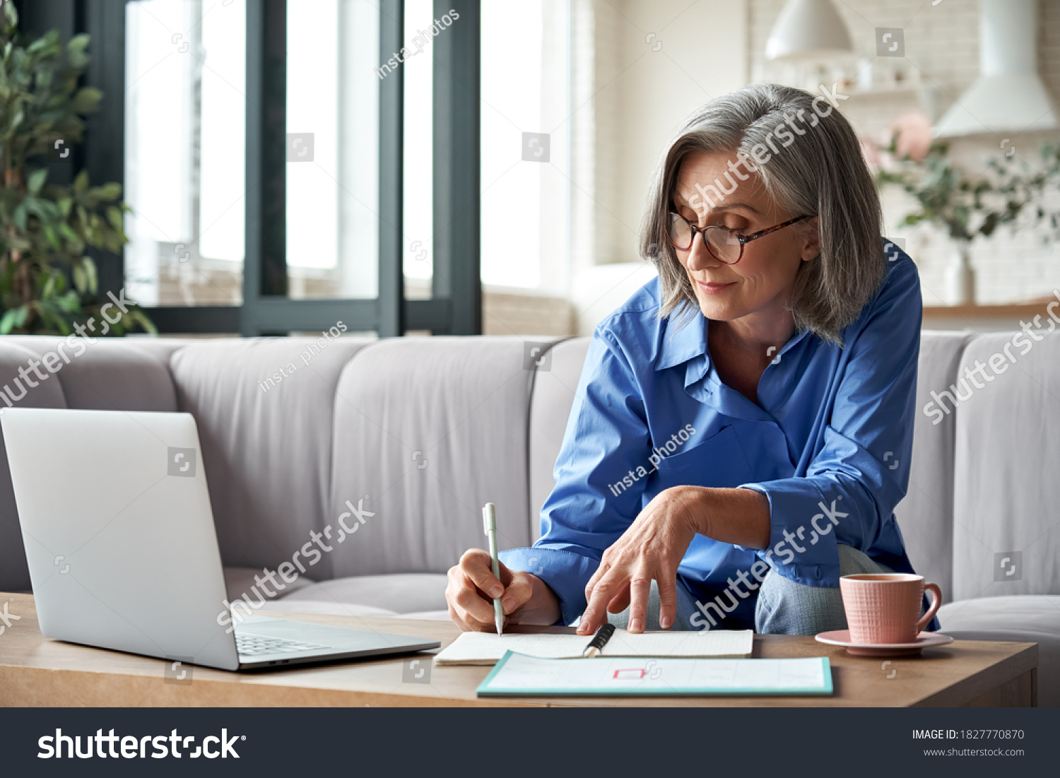 Happy stylish mature old woman remote working from home distance office on laptop taking notes. Smiling 60s middle aged business lady using computer watching webinar sit on couch writing in notebook. #1827770870