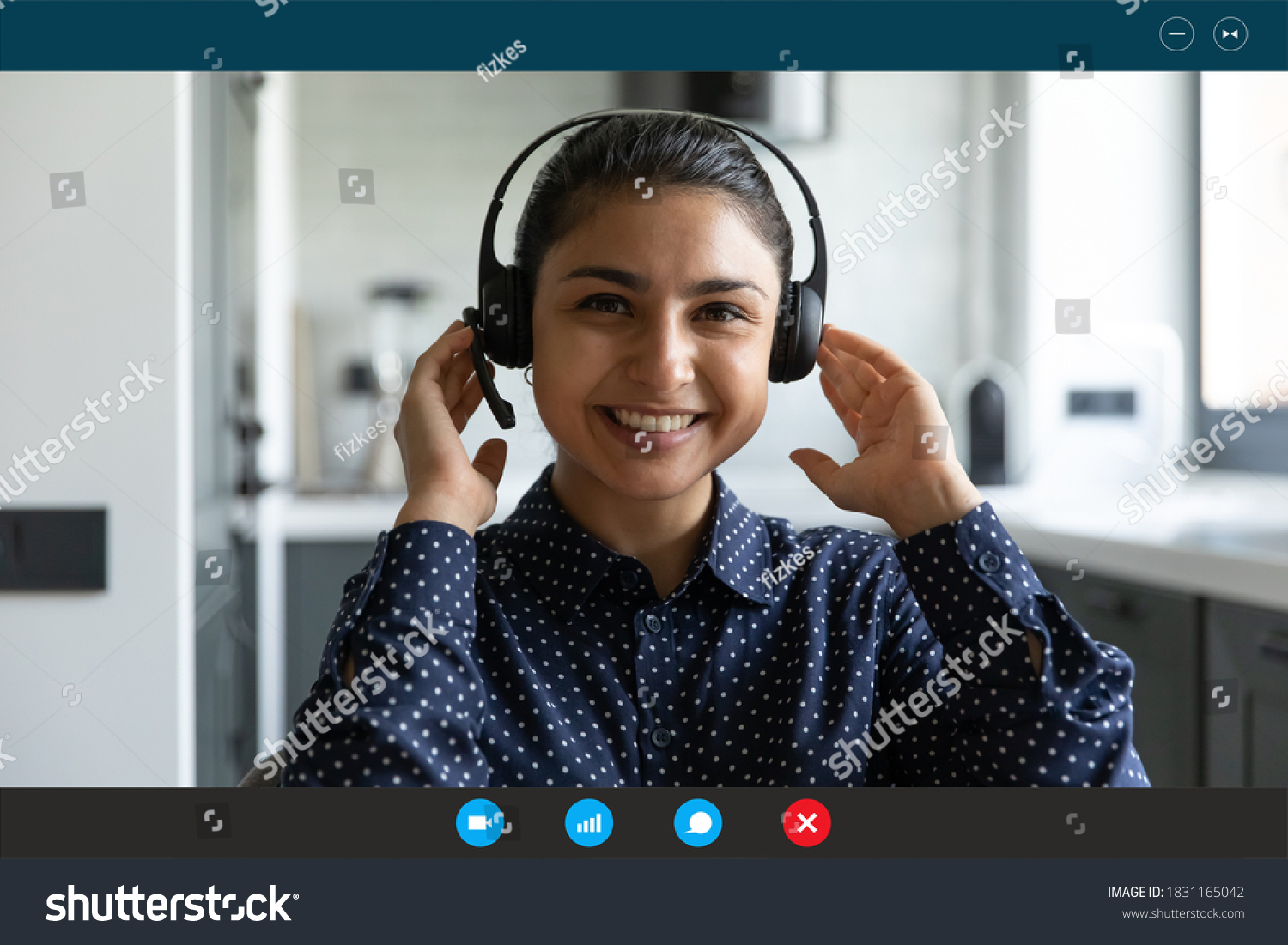 Screen view close up headshot portrait of smiling young Indian female agent in earphones talk consult client customer online. Happy ethnic woman have webcam digital virtual conference or web meeting. #1831165042