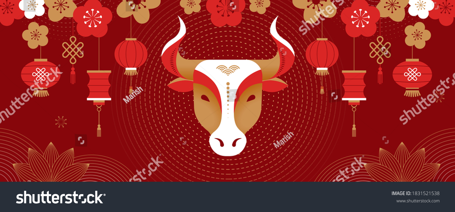 Chinese new year 2021 year of the ox, Chinese zodiac symbol, Chinese text says "Happy chinese new year 2021, year of ox" #1831521538