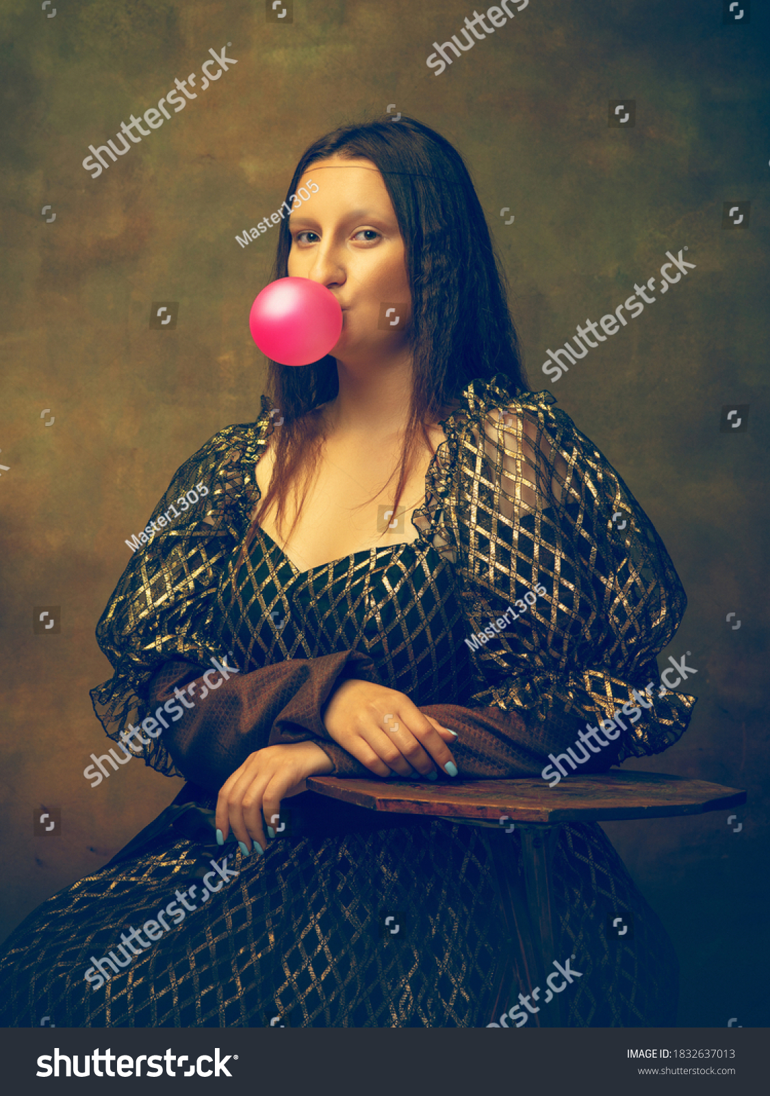 Bubble gum. Young woman as Mona Lisa, La Gioconda isolated on dark green background. Retro style, comparison of eras concept. Beautiful female model like classic historical character, old-fashioned. #1832637013