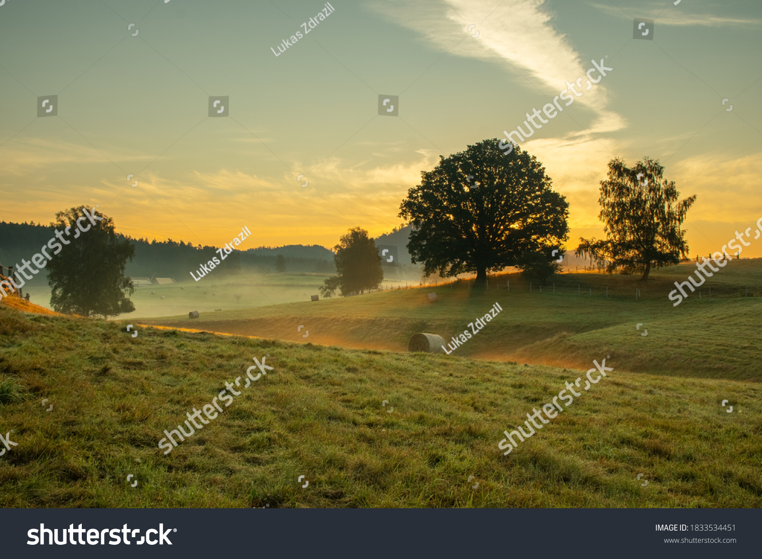 Sunrise in Bohemian Switzerland from Vysoká Lípa. Beautiful landscape on a misty morning. Dramatic sunrise in the mountains. Wildlife scene from nature. Czech Republic #1833534451
