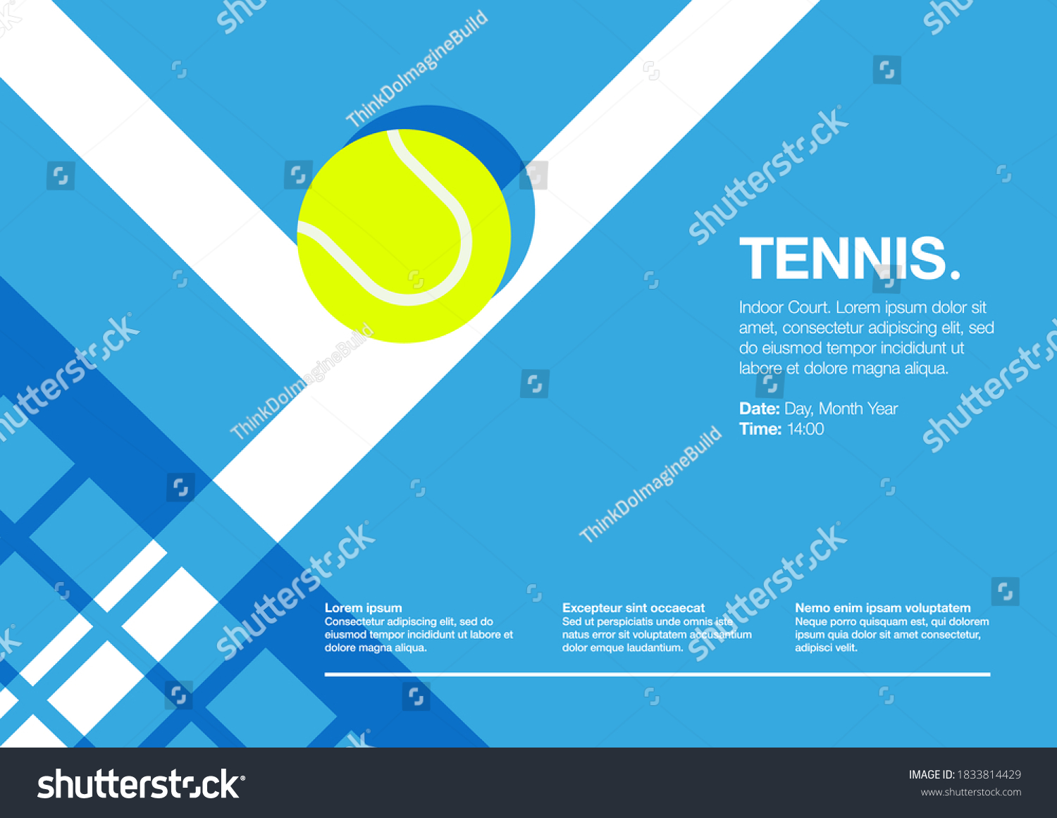 Tennis Championship and Tournament Landscape Poster. Indoor, Blue, Indoor Court. Ball on the Line. Net Shadow on floor. Close up. Flat, Simple, Retro style - Vector #1833814429