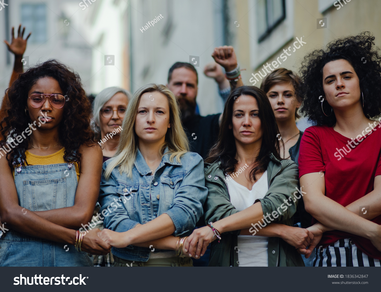 Group of people activists protesting on streets, women march and demonstration concept. #1836342847