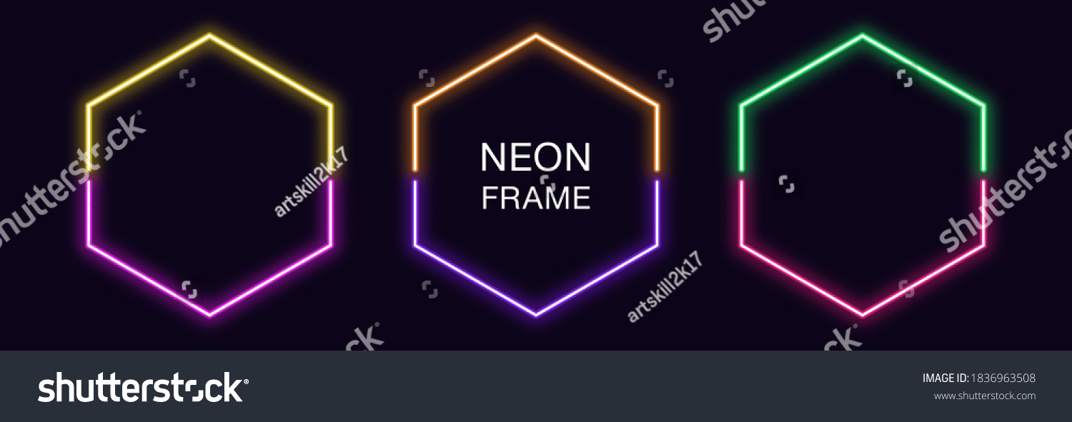 Neon hexagon Frame. Set of hexagonal neon Border in 2 outline parts. Geometric shape with copy space, futuristic glowing element for social media stories. Yellow, purple, orange, green. Fully Vector #1836963508