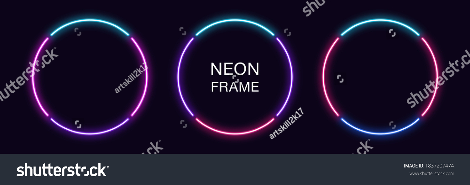 Neon circle Frame. Set of round neon Border in 4 outline parts. Geometric shape with copy space, futuristic graphic element for social media stories. Blue, pink, purple, violet. Fully Vector #1837207474