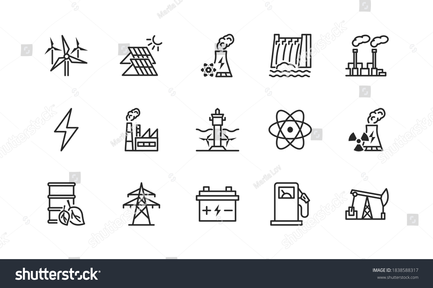 Power plant flat line icons set. Energy generation station. Vector illustration alternative renewable energy sources included solar, wind, hydro, tidal, geothermal and biomass Editable strokes #1838588317