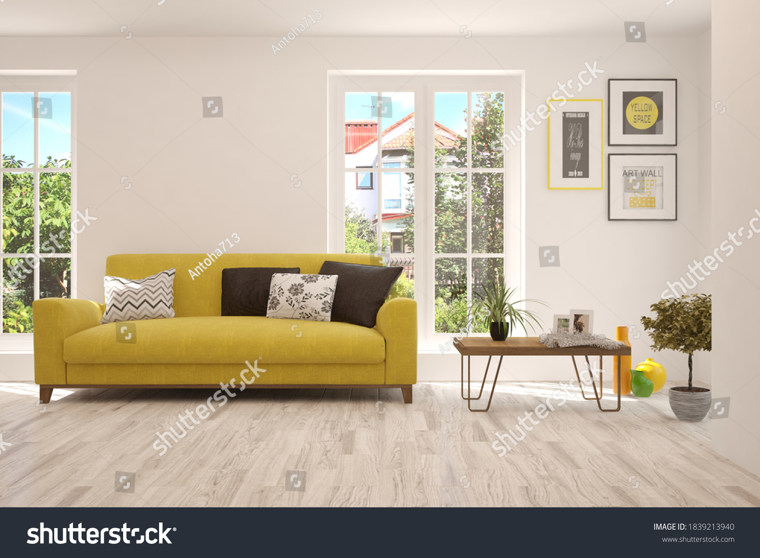 White living room with sofa and summer landscape in window. Scandinavian interior design. 3D illustration #1839213940