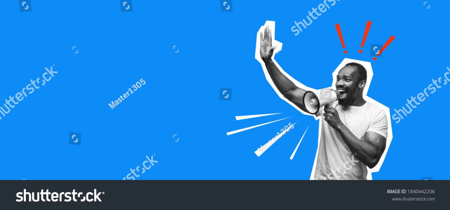Greeting emotional african-american man. Collage in magazine style with bright blue background. Flyer with trendy colors, copyspace for ad. Discount, sales season, fashion and style concept. #1840442206