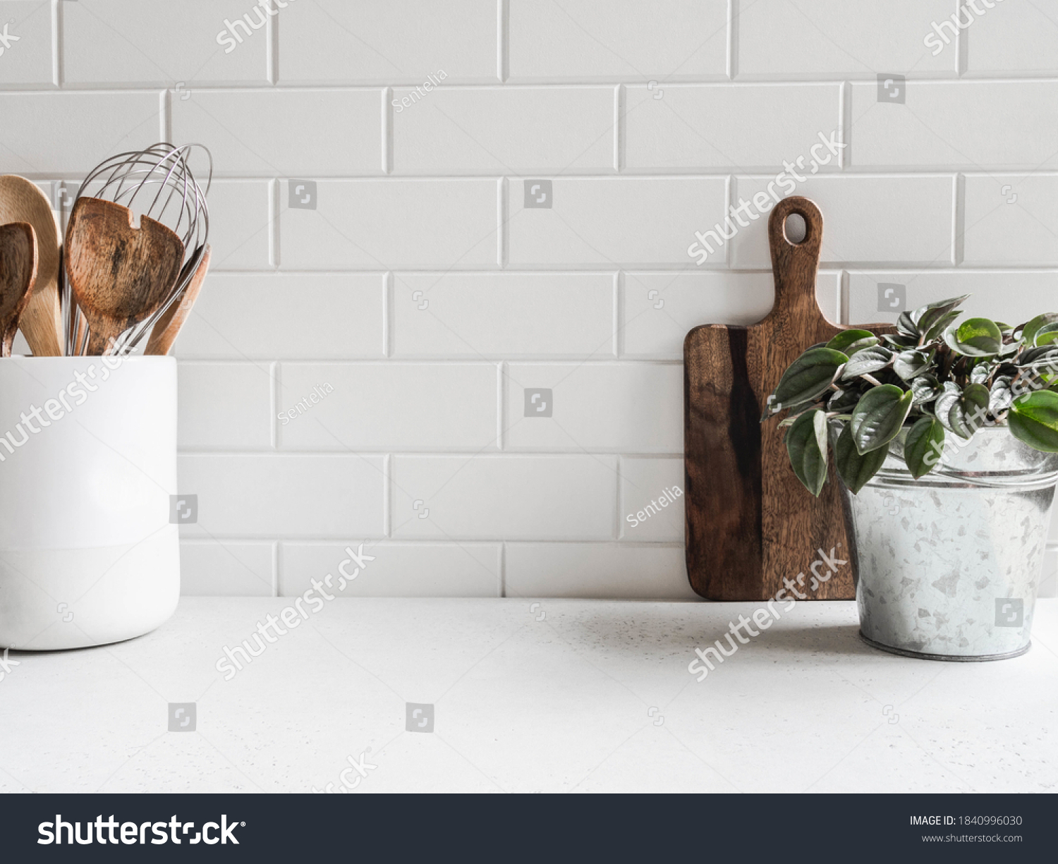 Stylish white kitchen background with kitchen utensils and green houseplant standing on white countertop, copy space for text, front view #1840996030