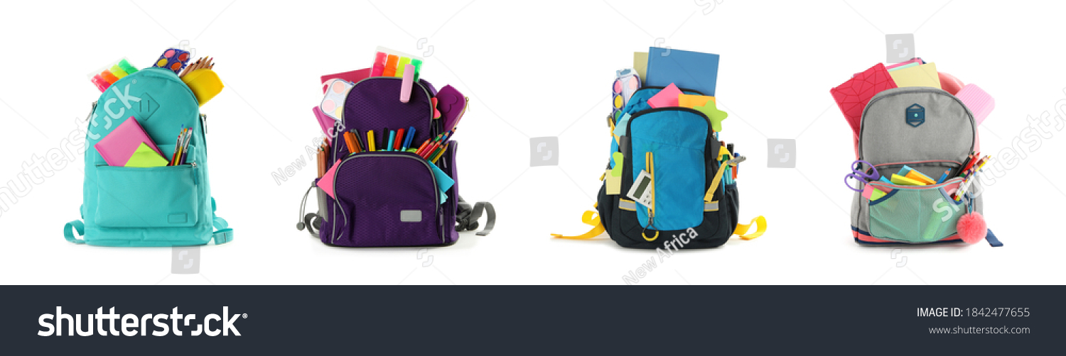 Set of backpacks with bright school stationery on white background, banner design #1842477655
