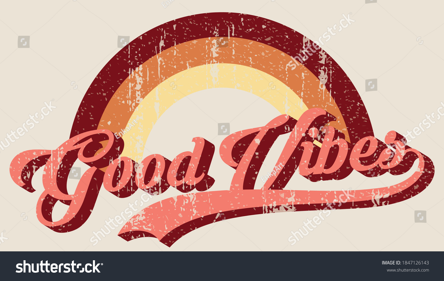 Vintage good vibes slogan illustration with pastel colors rainbow - Retro graphic vector print for girl tee / t shirt and sticker #1847126143