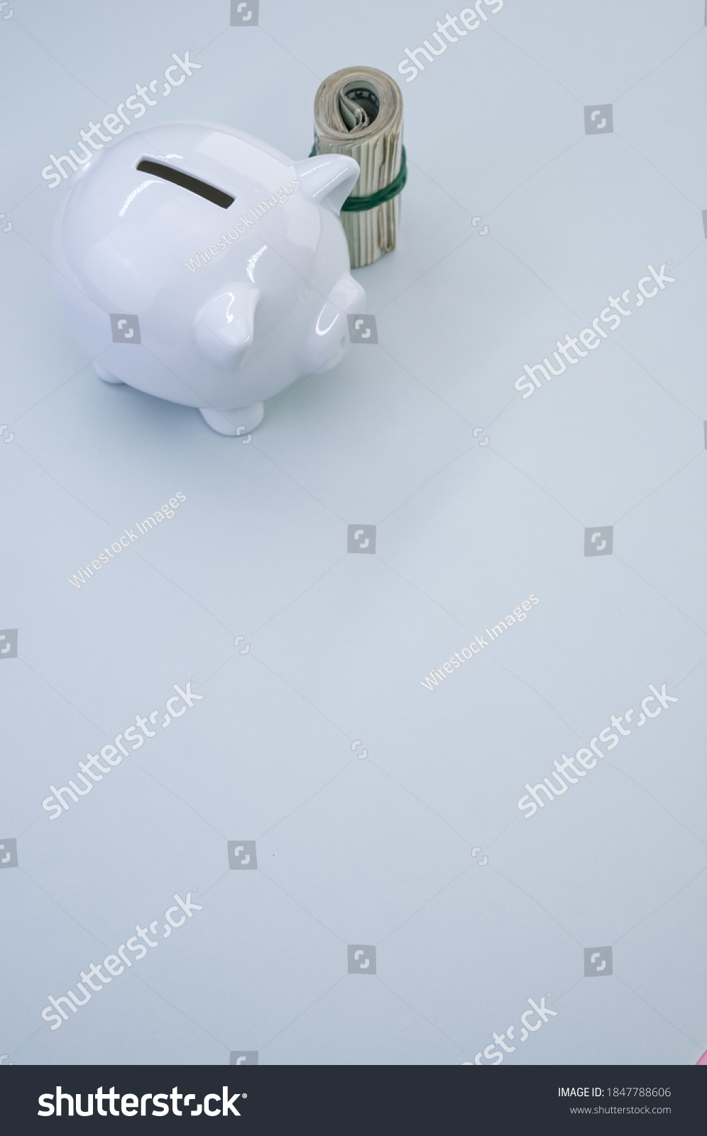 A vertical shot of dollar bills and a piggy bank on a blue surface #1847788606