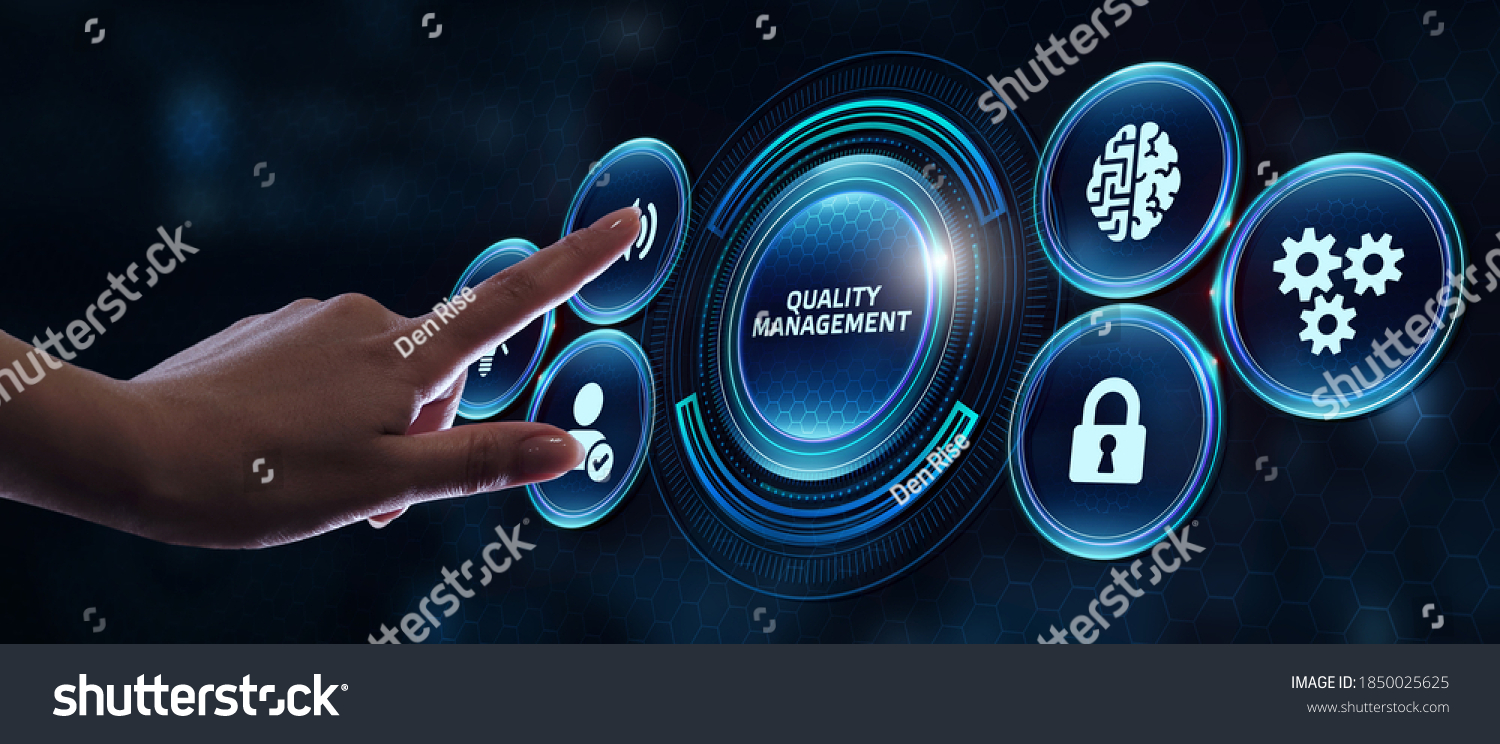 Businessman pressing quality management button on virtual screens. Business, Technology, Internet and network concept. #1850025625