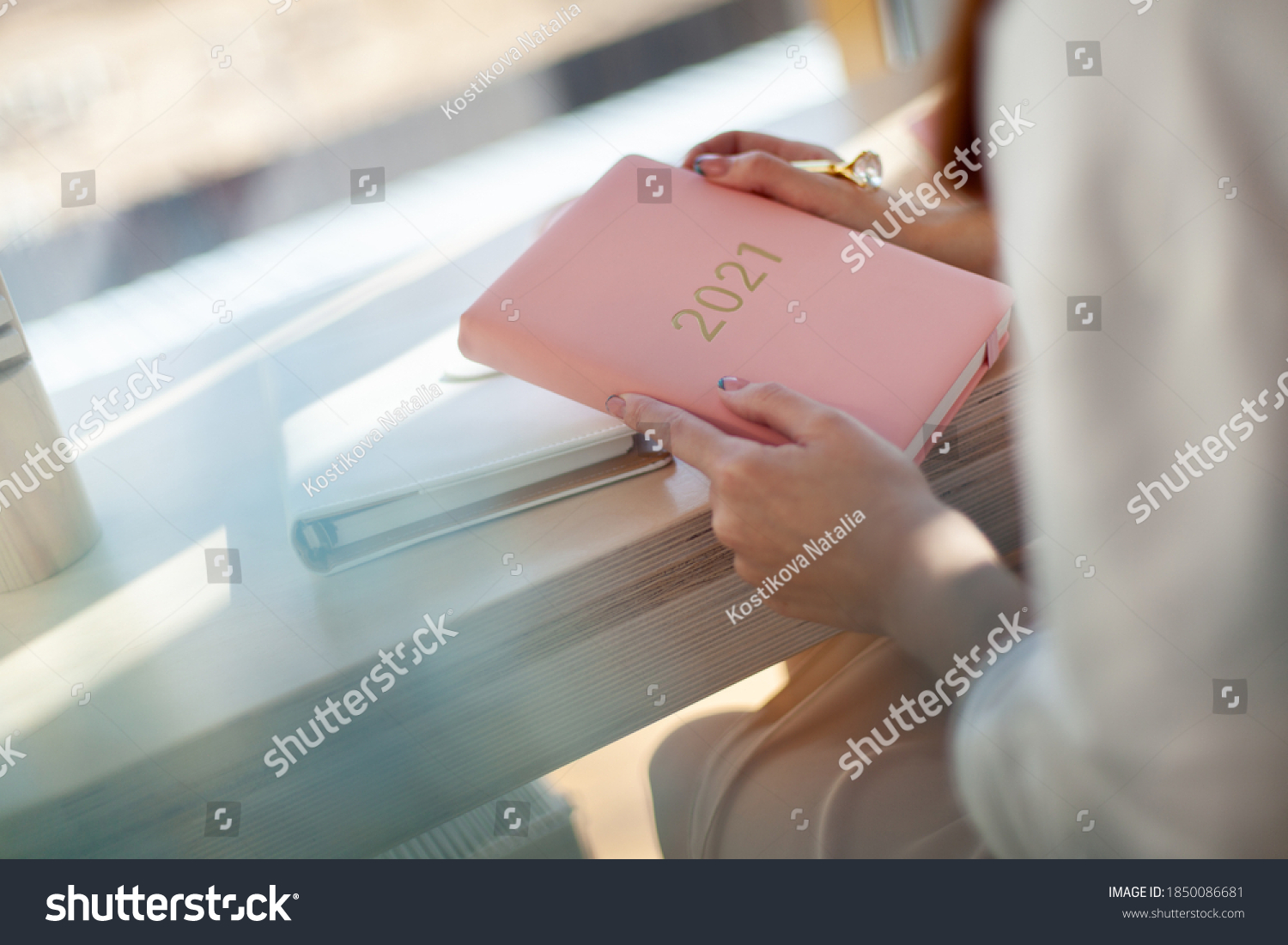Female hands holding pink or coral coloured leather diary 2021 and pen while sitting near a window Concept of planning personal future goals and ideas for new year 2021. Copy space. #1850086681
