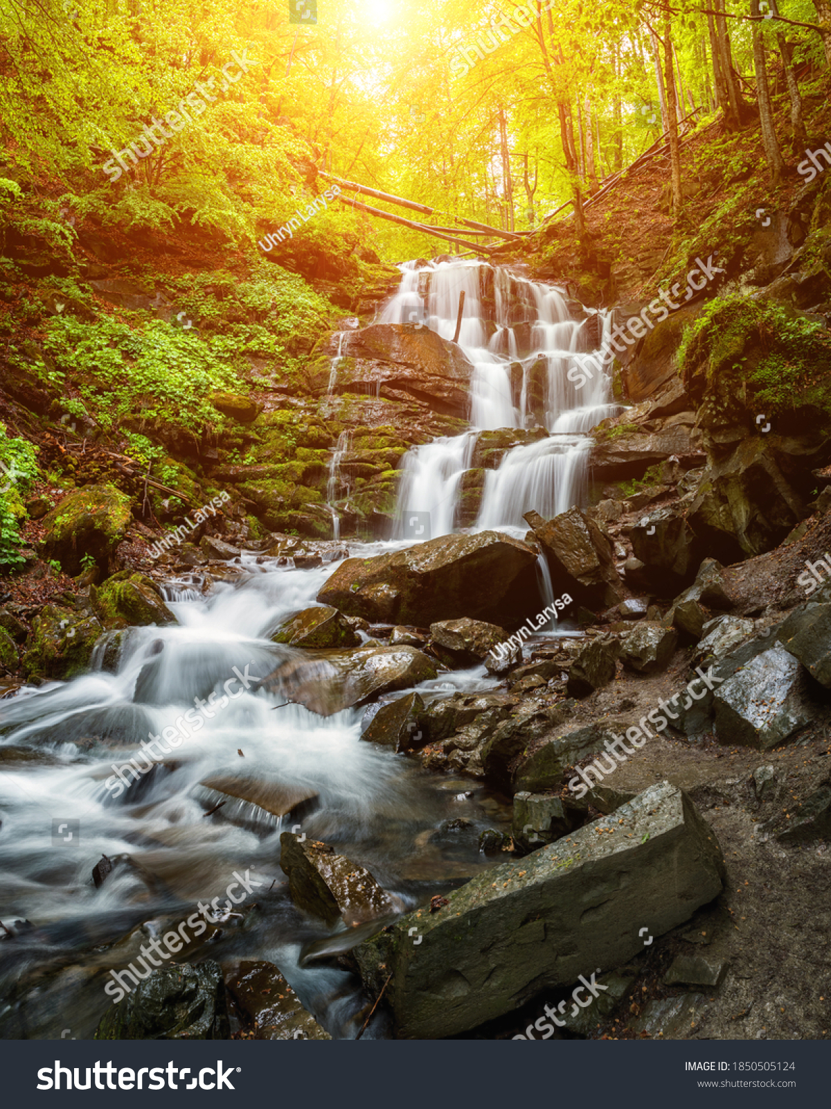 Amazing sunny summer landscape with beautiful Shypit waterfall in Carpathian mountains, popular tourist attraction, nature travel background suitable for wallpaper or cover, vertical image #1850505124